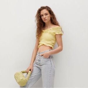 MNG Mango Women’s Butter Yellow Ruffle Smocked Off Shoulder Top NWT size XL